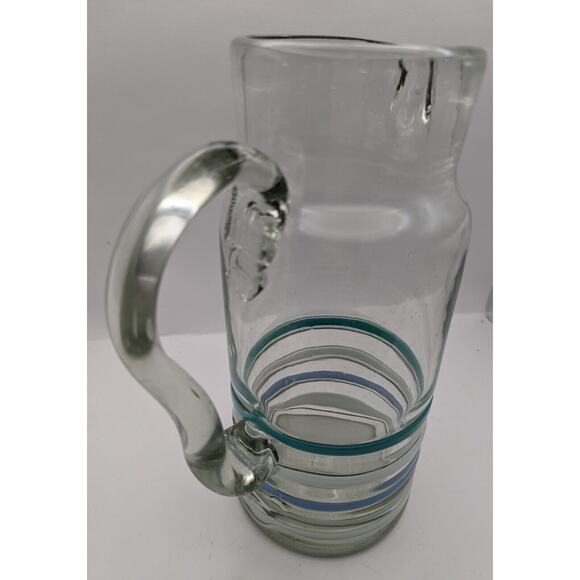 Anthropologie Hand Blown Art Glass Pitcher Blue and Green Stripes 9.5 Inches - Picture 3 of 6